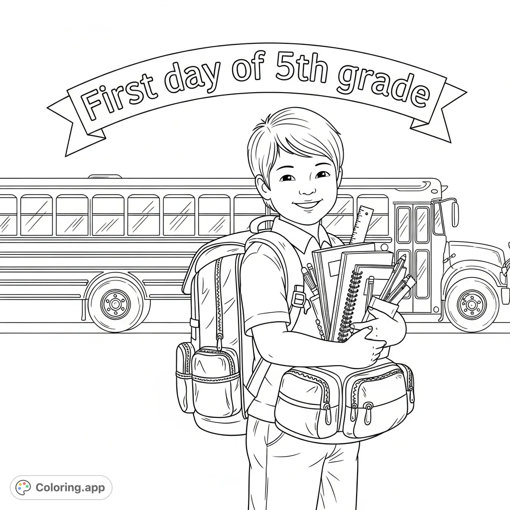 Celebrate the "First day of 5th grade" with this free printable coloring page featuring a student, backpack, school supplies, and a school bus. Perfect for kids!