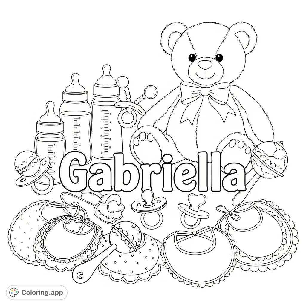 A charming "Gabriella" coloring page featuring the name surrounded by delightful baby bottles, binkies, rattles, bibs, and a friendly teddy bear. Perfect for celebrating a new arrival!