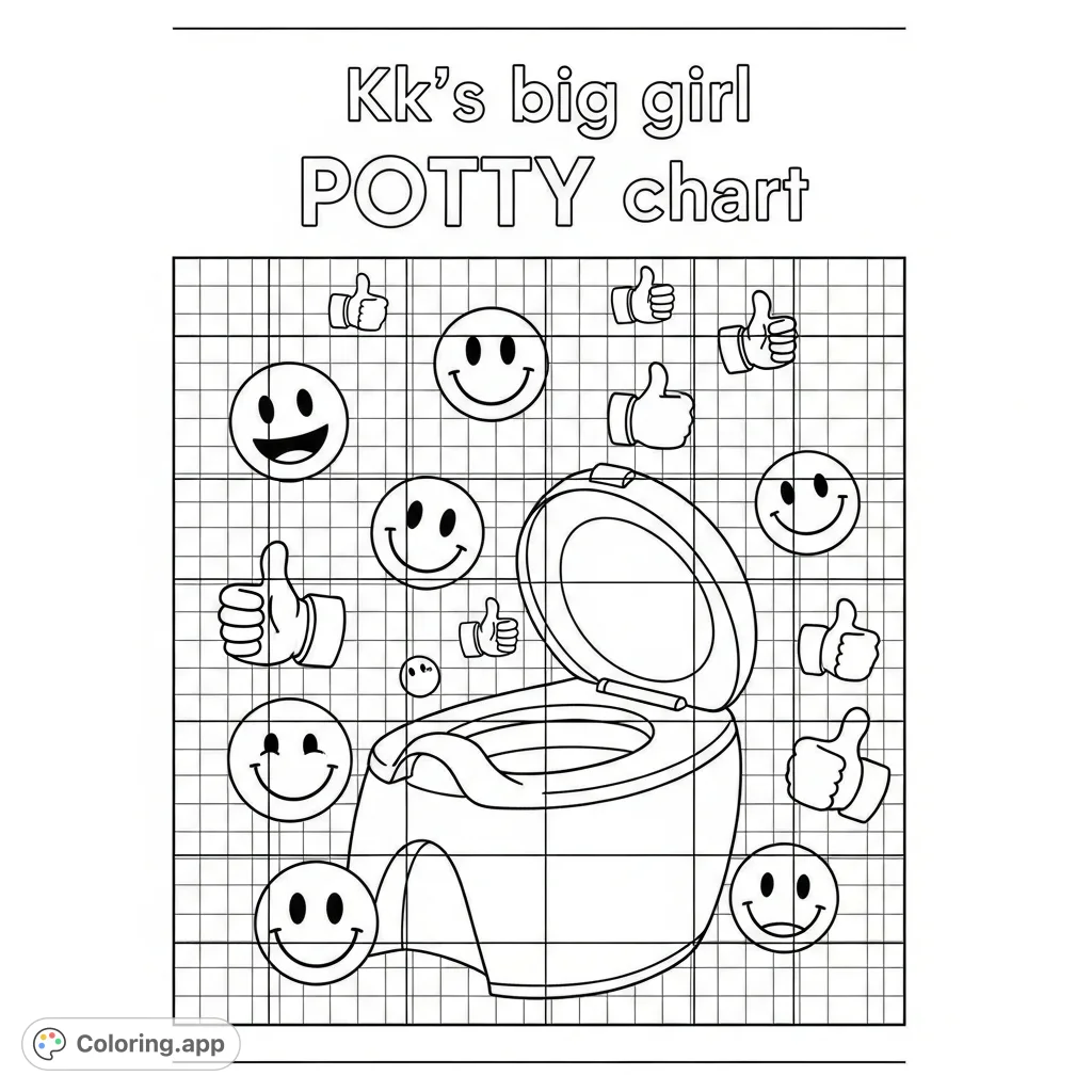 A delightful Kk's big girl POTTY chart coloring page with a central potty, cheerful smiley faces, thumbs-up symbols, and a grid for tracking progress.
