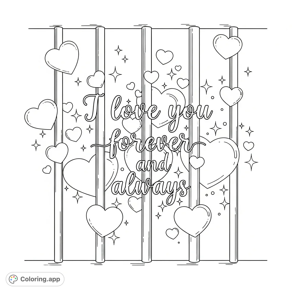 A heartfelt message "I love you forever and always" behind prison bars, adorned with sparkling hearts. A unique love message coloring page.
