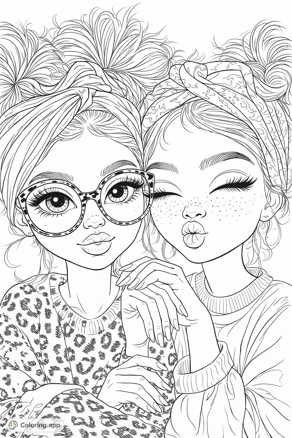A charming portrait of two stylish young women, one winking, the other with glasses, showcasing trendy patterns and expressive features.