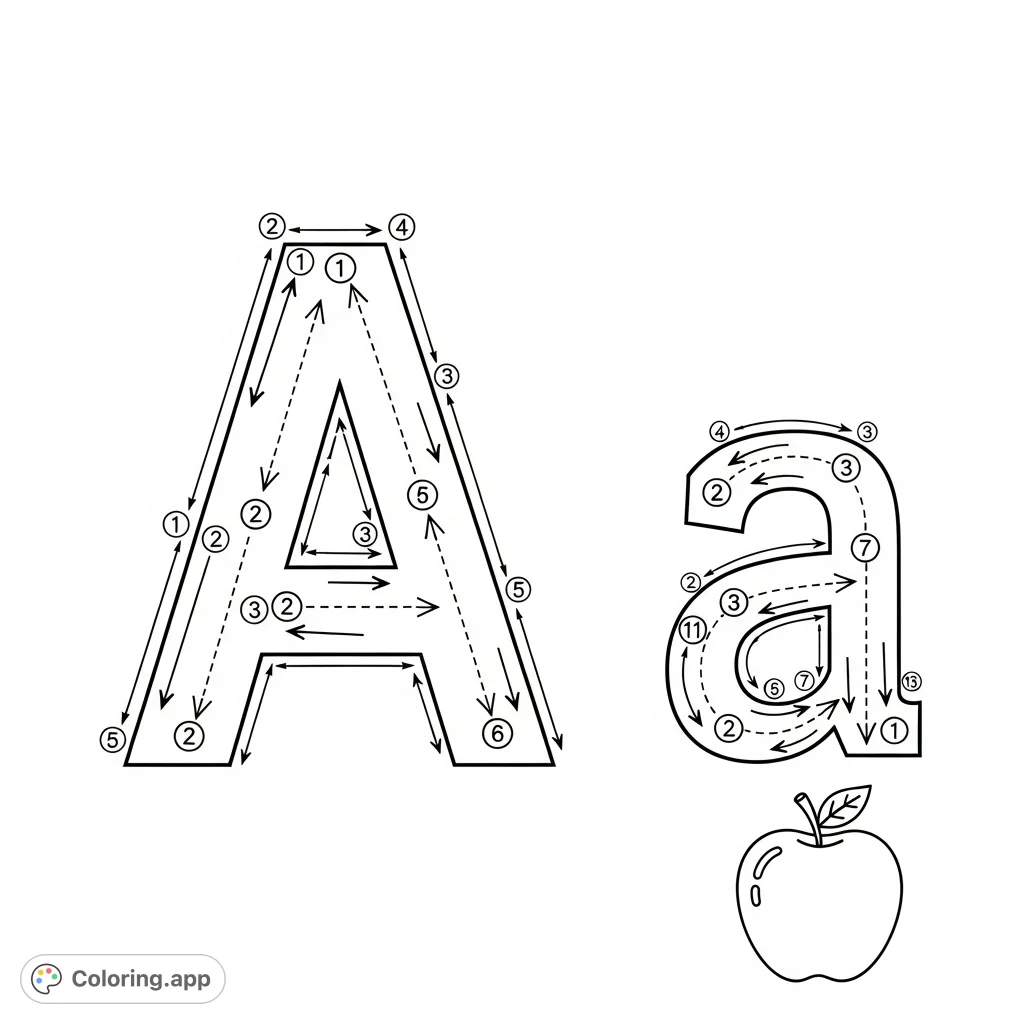 A free printable letter A tracing coloring page featuring uppercase and lowercase 'A' with guide lines, perfect for learning alphabet formation and fine motor skills.
