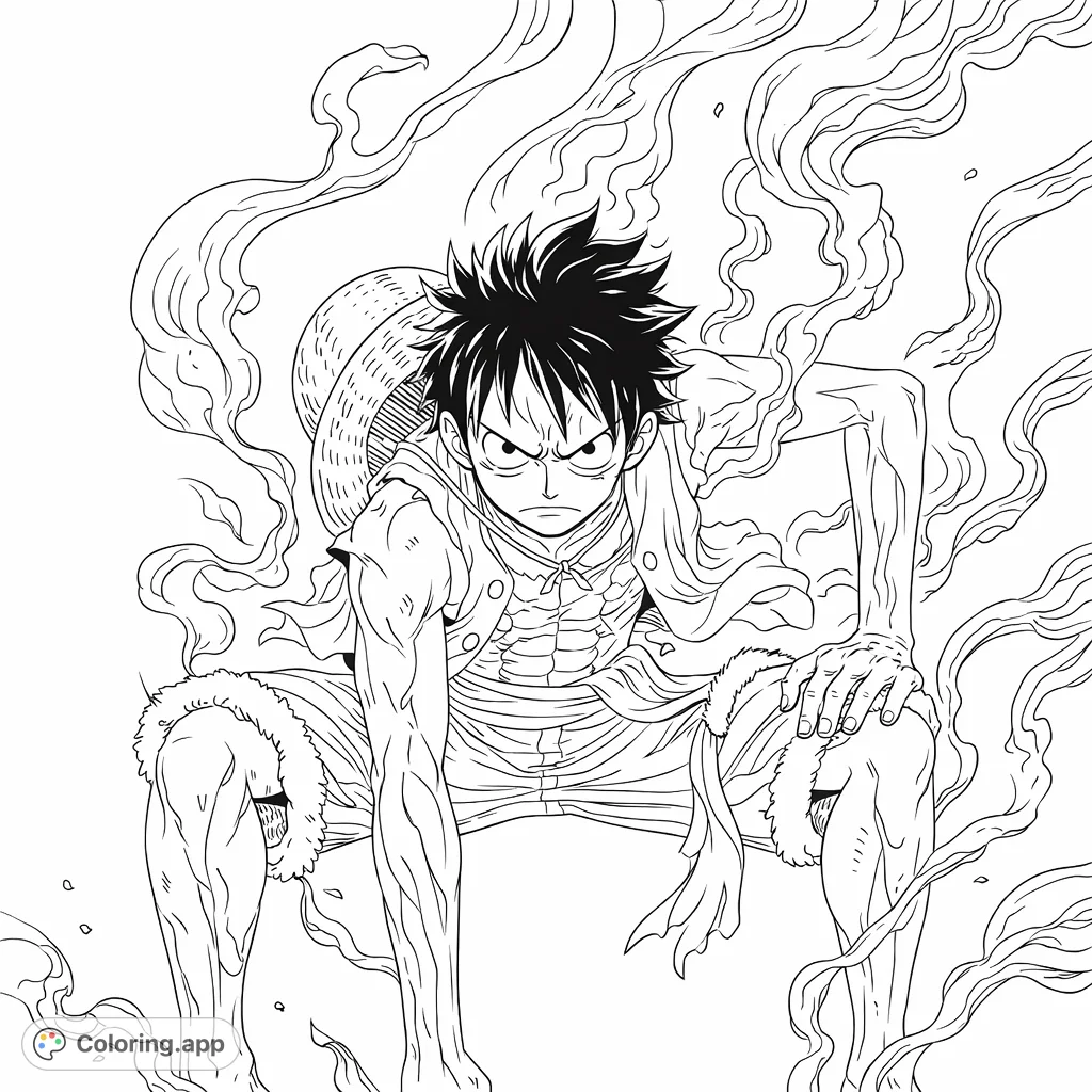 An intense anime character in a powerful crouching stance, surrounded by dynamic swirling clouds. Perfect for fans of action and adventure.