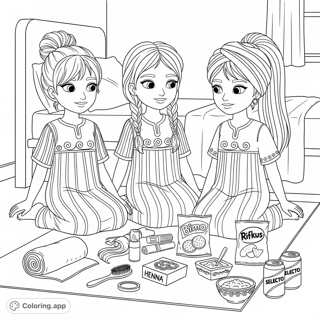 Three Algerian girls enjoy a cozy sleepover, wearing traditional dresses, with snacks and henna. A cultural and fun scene for coloring.
