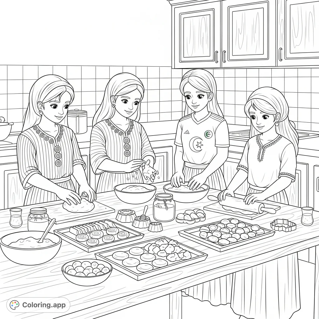 Four young Algerian girls create traditional sweets in a bustling kitchen. Features griwech, makrout, and kaak, flour-dusted hands, and cultural attire.