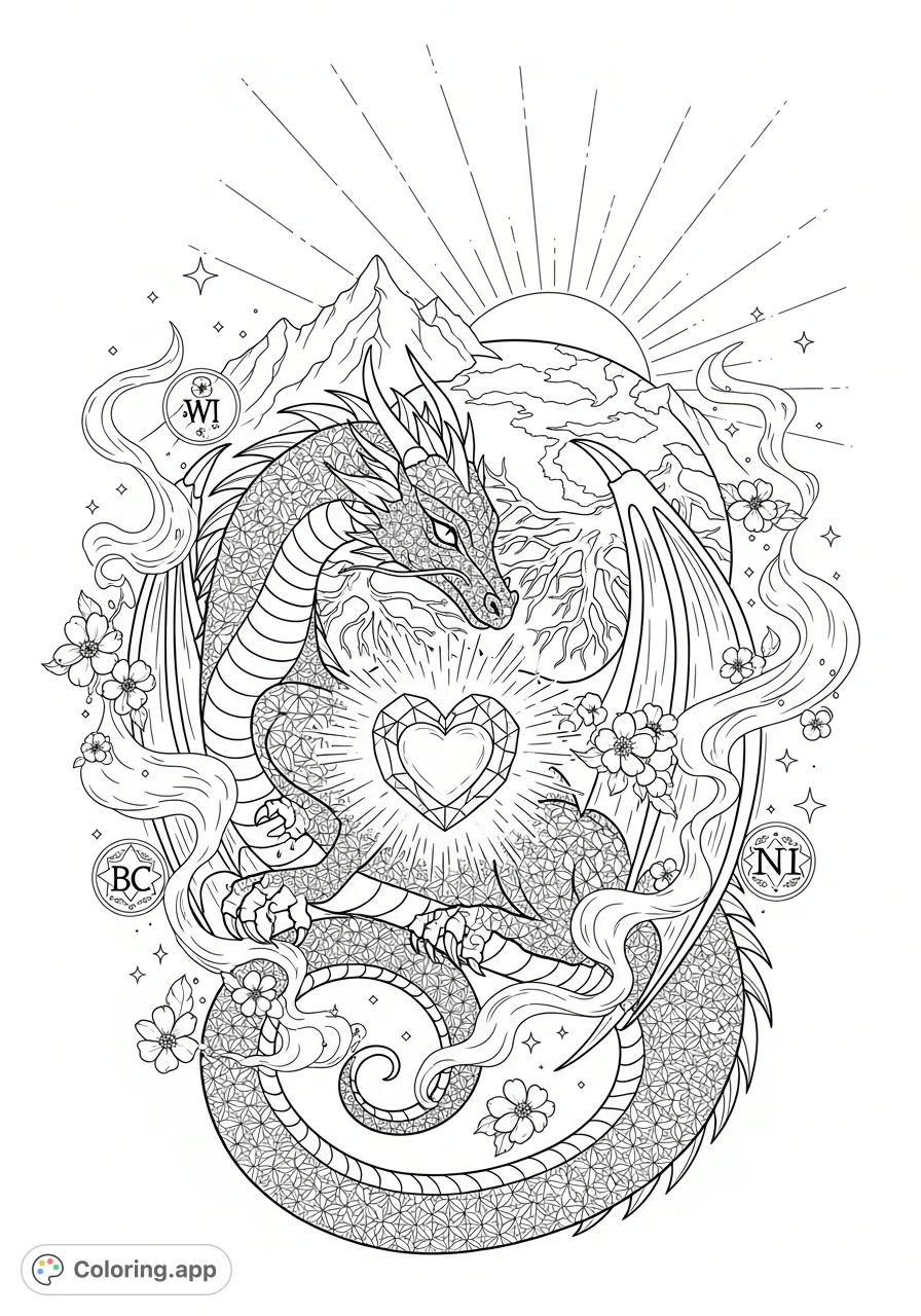 Discover a majestic dragon with sacred-geometry scales, guarding a glowing crystal. Intricate details of smoke, flowers, and an awakening earth await your colors.
