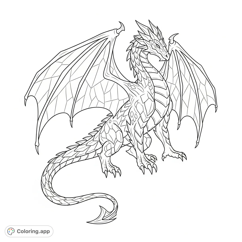 A majestic fantasy dragon with crystal-like, faceted scales and powerful wings, perfect for adult coloring enthusiasts seeking an elegant, challenging design.