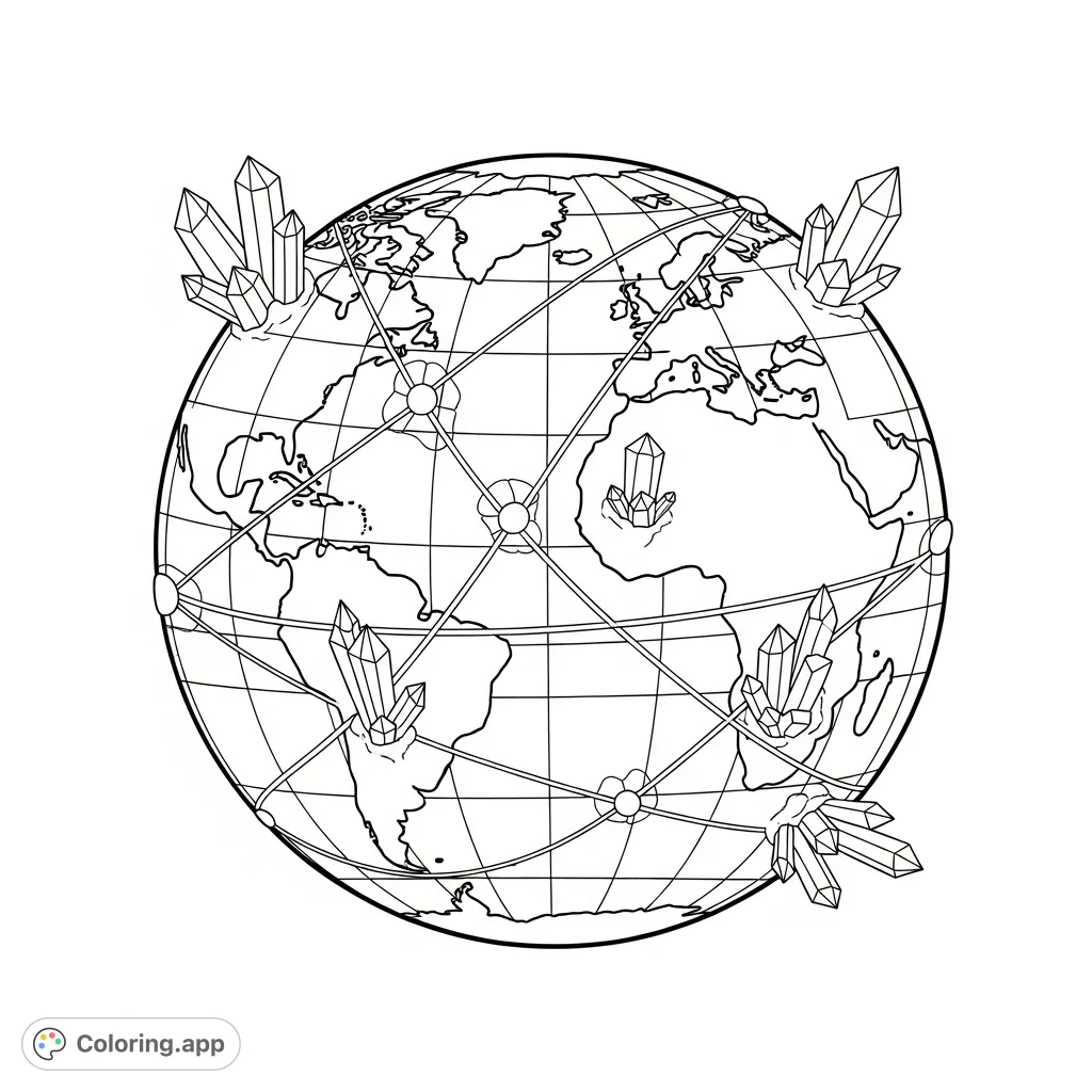 Explore a captivating Earth sphere coloring page featuring bold continents, intricate leyline patterns, and mystical crystal formations. A serene and focused design.