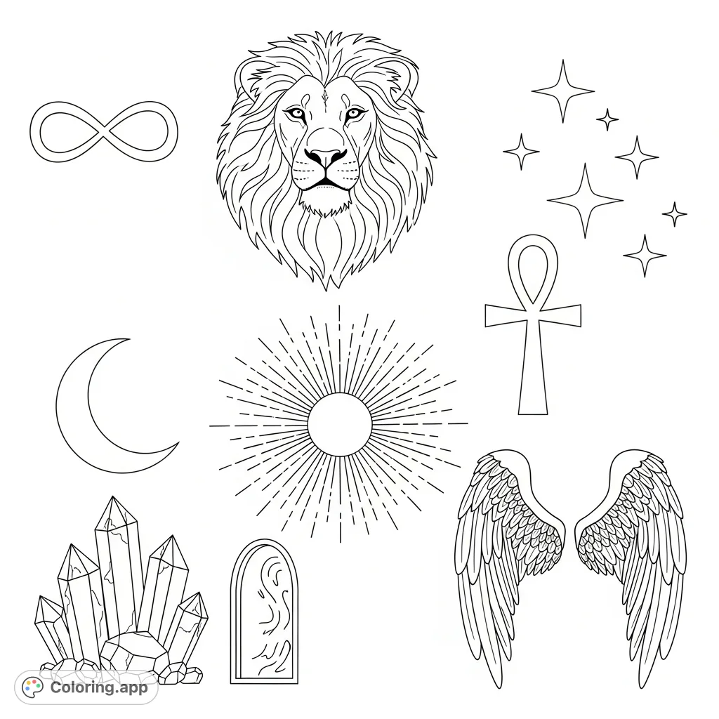 Explore a page filled with separate mystical symbols: a regal lion, sunburst, infinity, ankh, moon, star cluster, crystals, portal, and angel wings. Perfect for mindful coloring.