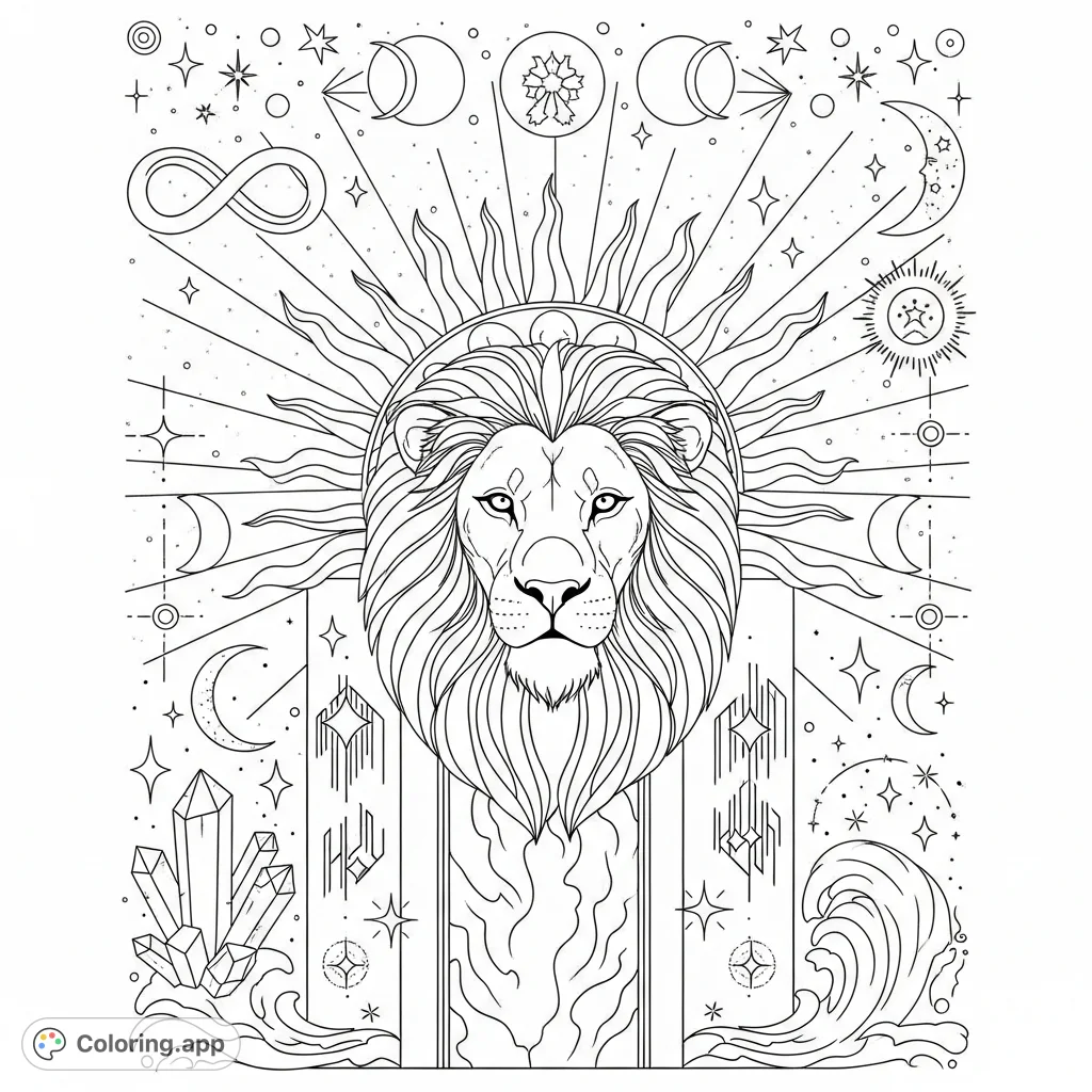 A majestic Lion's Gate portal scene with a regal lion head, ornate sunburst, celestial patterns, and mystical elements. A free printable coloring page for adults.