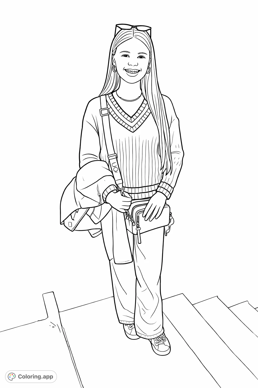 Color a modern teen in a v-neck sweater and wide-leg jeans, posed casually on steps. Features intricate knit textures and accessories for a fun challenge.