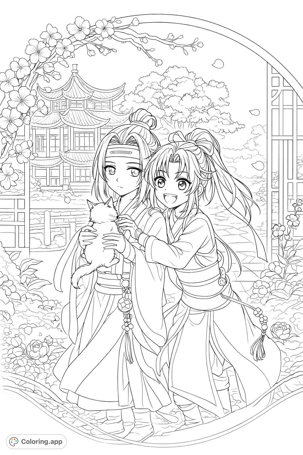 Delightful chibi anime characters with a rabbit amidst a beautiful traditional setting with cherry blossoms. Perfect for fans of animated series!