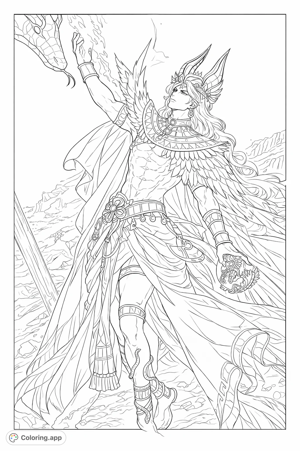 Step into ancient sands with this majestic Egyptian deity, adorned with elaborate armor and accompanied by mystical serpents. An epic fantasy coloring adventure awaits!