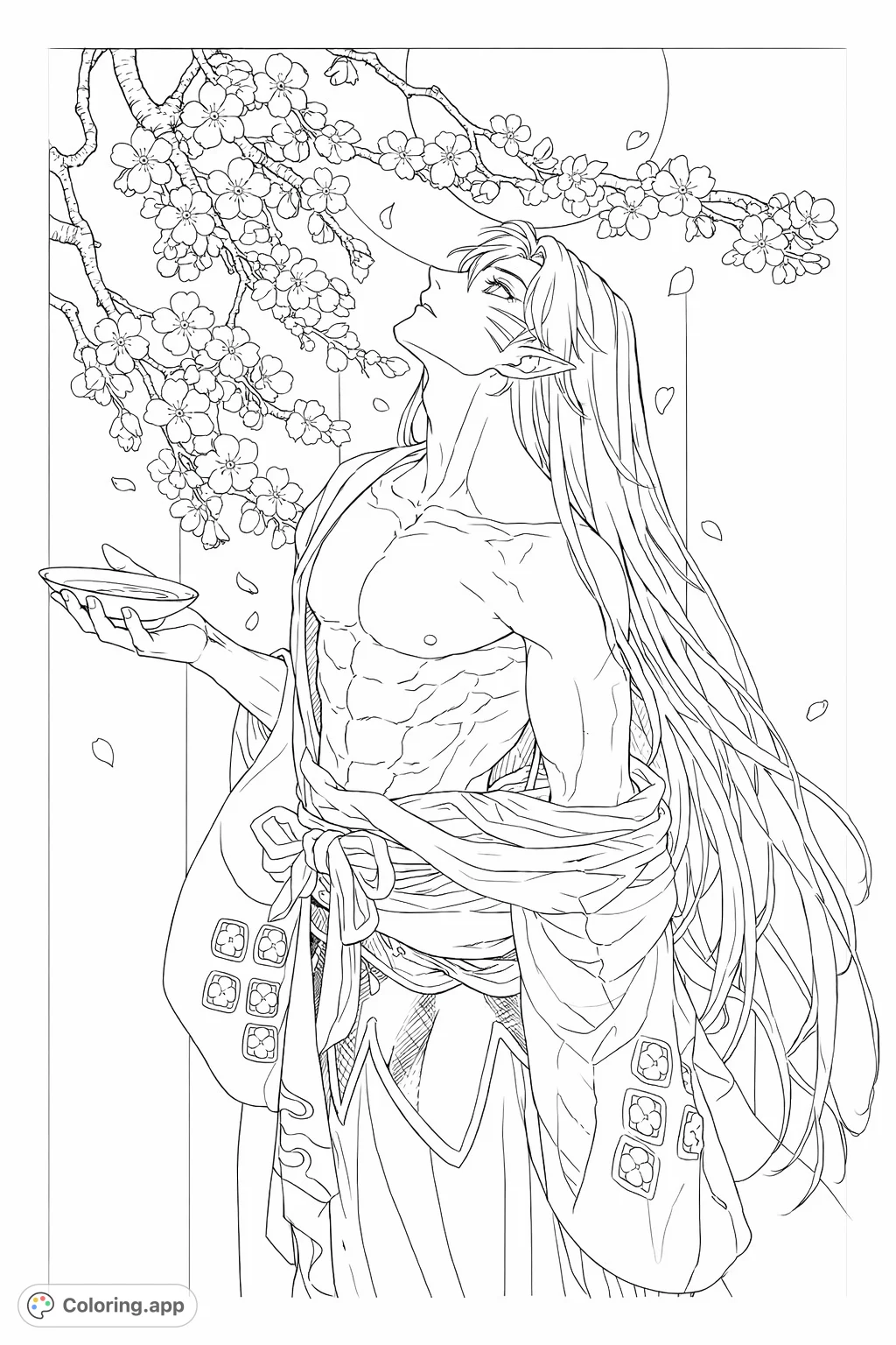 An elegant warrior under a blossoming tree and full moon, holding vessels. A detailed anime-style fantasy scene for creative expression.