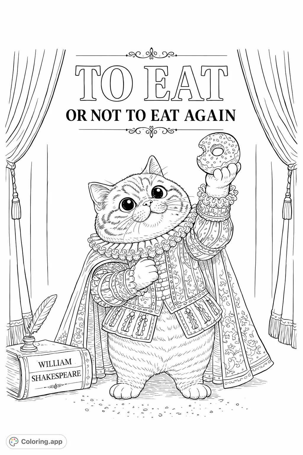 An adorable cat in regal Shakespearean costume ponders a half-eaten donut on a grand stage, complete with book, quill, and dramatic curtains.