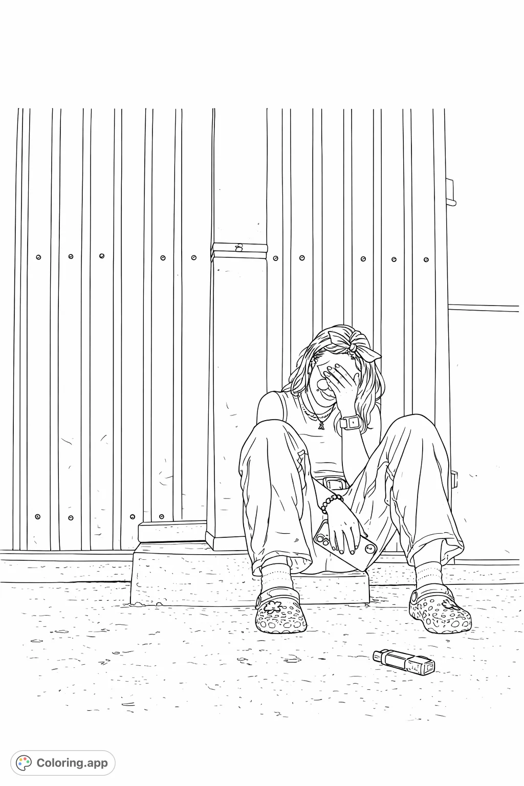 A pensive figure sits on concrete steps in an urban setting, hand on face, surrounded by corrugated metal walls. Explore urban contemplation and detailed street elements.