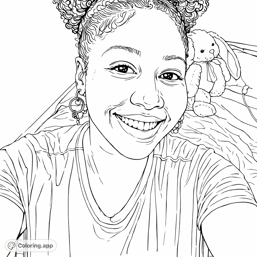 Capture a moment of happiness with this delightful coloring page featuring a smiling person and a cuddly plush toy. Perfect for adding your unique artistic touch!