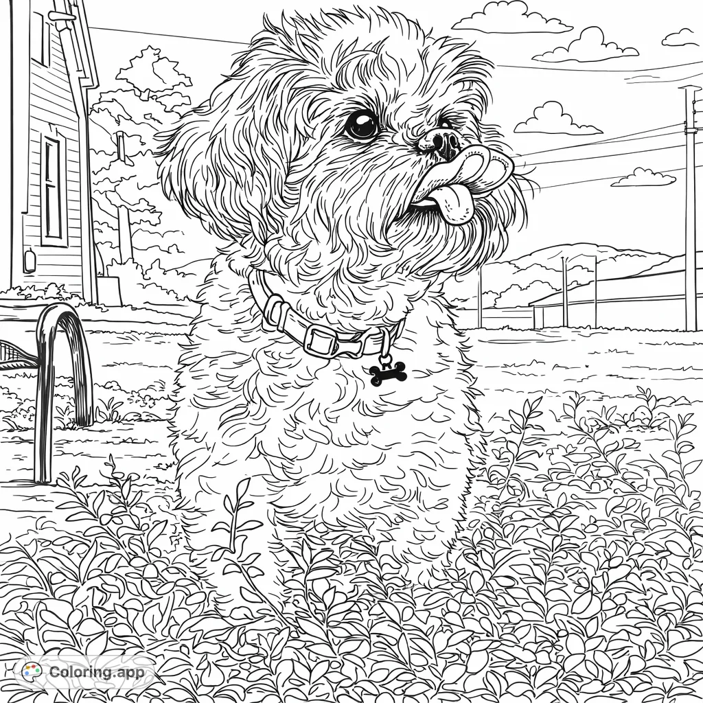 A charming coloring page featuring a fluffy dog with its tongue out, standing in a field of detailed foliage and a distant landscape. Perfect for animal lovers.