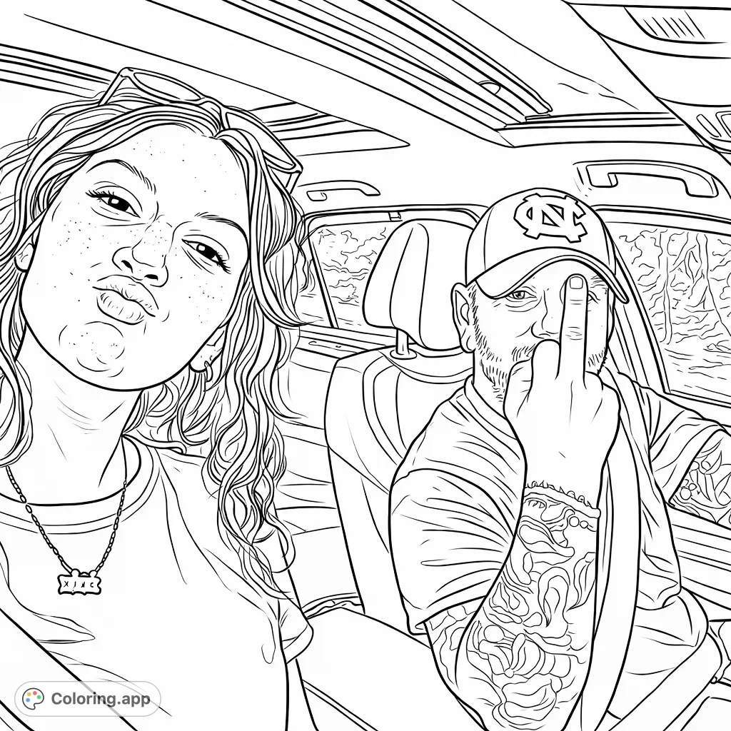 Capture a candid road trip moment featuring two individuals, one posing for a selfie and the other making a distinctive hand gesture, all within a car interior.