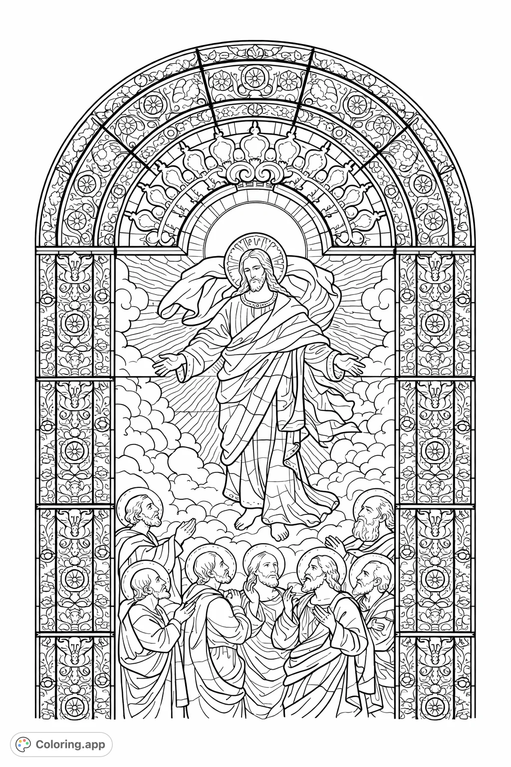 An intricate stained glass depiction of a divine figure ascending amid clouds, with reverent figures below, surrounded by ornate patterns. A challenging and rewarding coloring experience.