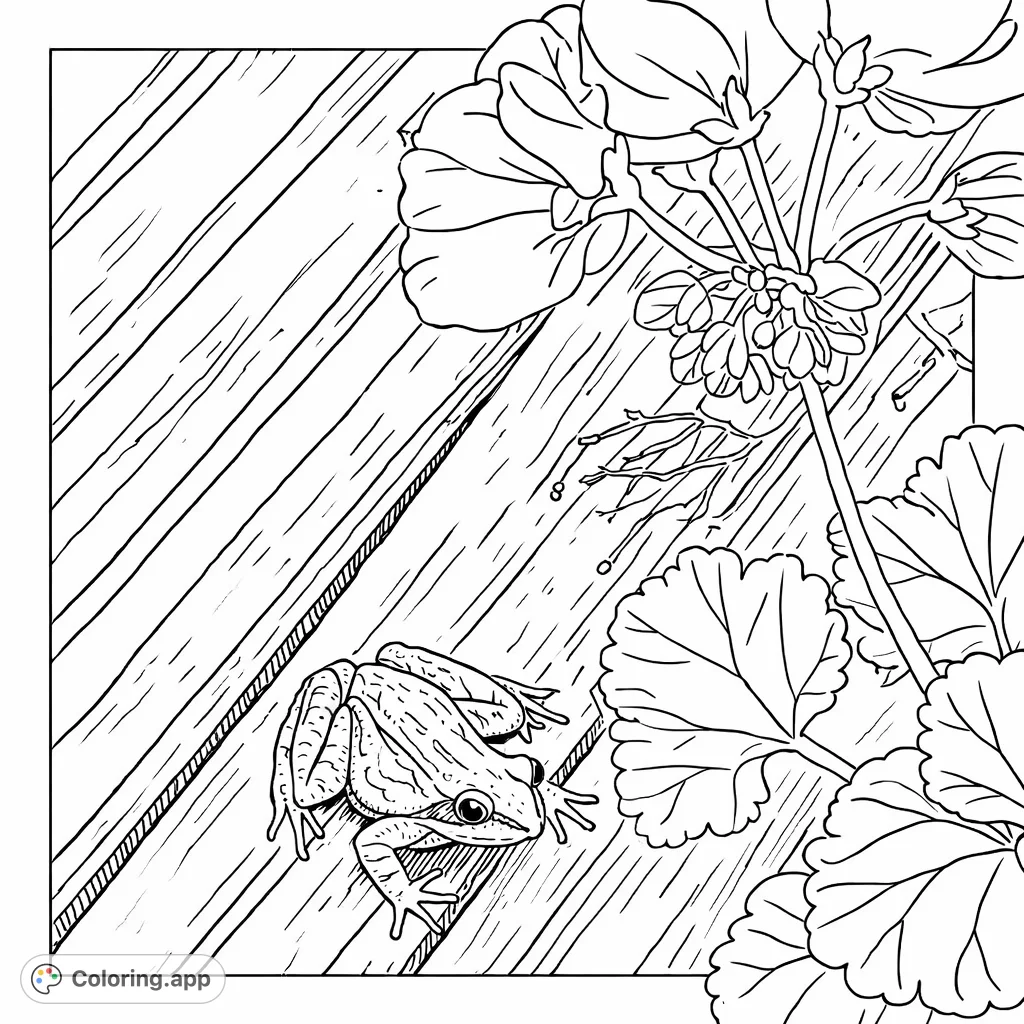 Discover a charming frog resting on textured wooden planks next to a delicate flowering plant. A delightful nature scene for all ages to color.