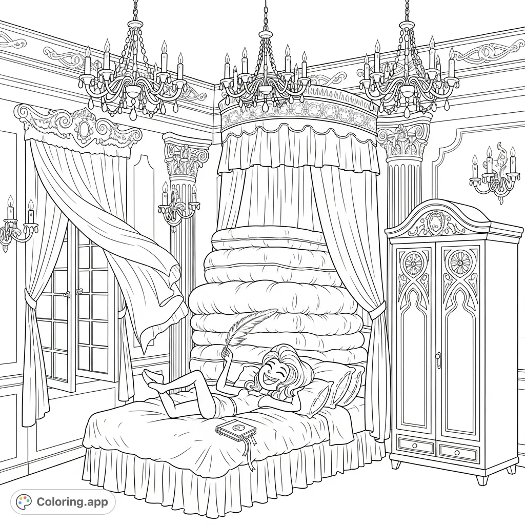 Step into a whimsical coquette bedroom with a lavish canopy bed, ornate details, and a carefree character. A delightful escape for creative coloring.