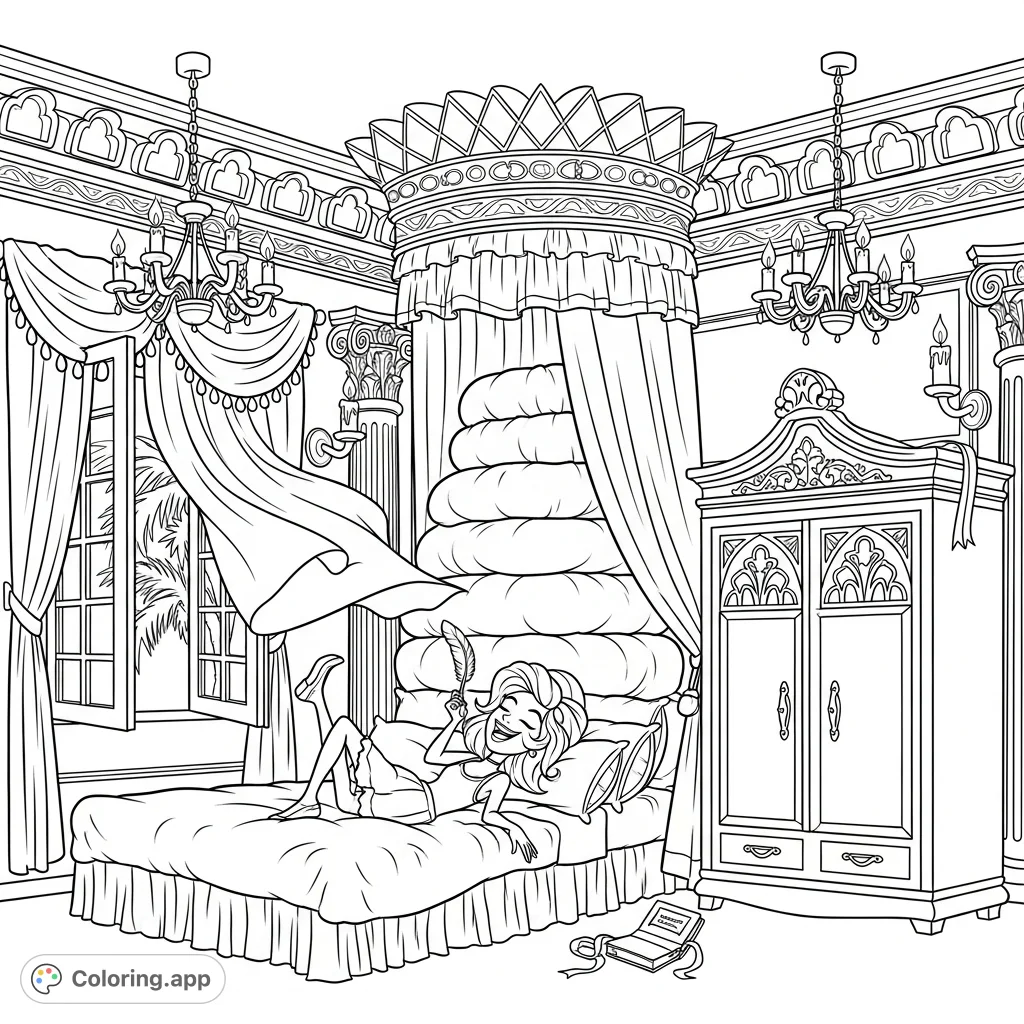A charming coquette style bedroom scene featuring a whimsical woman on a lavish canopy bed, surrounded by intricate furnishings and elegant details.