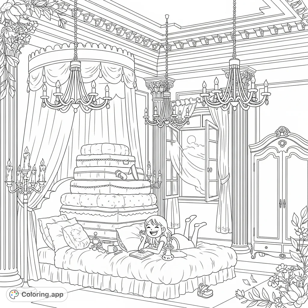 Step into a dream-like whimsical coquette style bedroom coloring page, featuring a towering bed, elegant decor, and a joyous girl, perfect for detailed coloring enjoyment.
