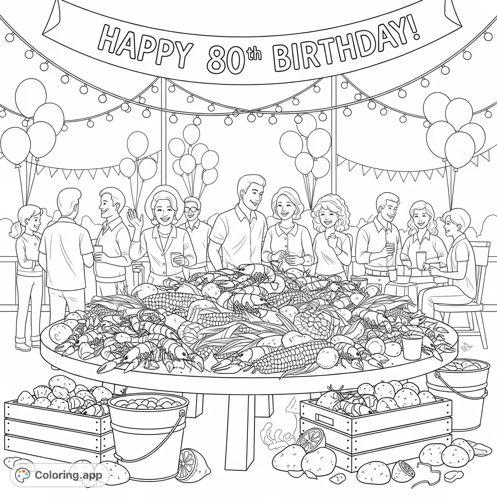 Celebrate a milestone 80th birthday with a lively crawfish boil coloring page. Features a festive table piled with food, happy guests, and celebratory decor.