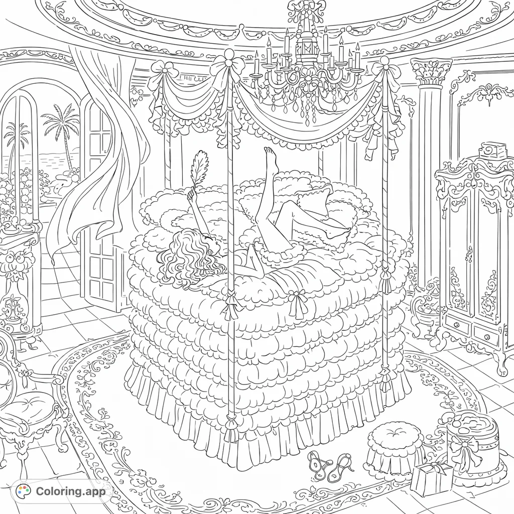 Step into a whimsical world with this intricate Princess and the Pea dream bedroom coloring page. Discover grand details, from a towering bed to ornate architecture.