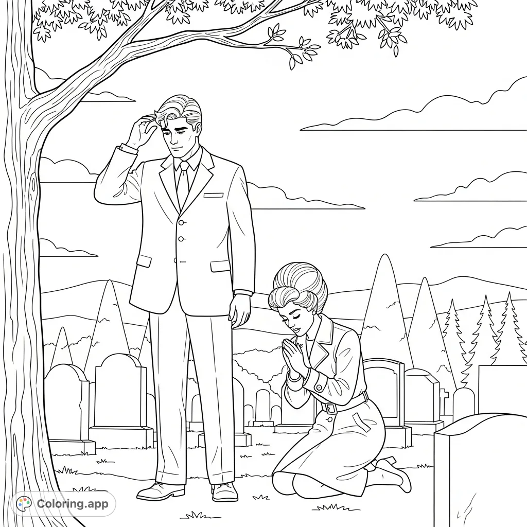 A solemn cemetery scene depicts a man in a suit and a woman in a trench coat, surrounded by gravestones and towering evergreen trees, evoking reflection.