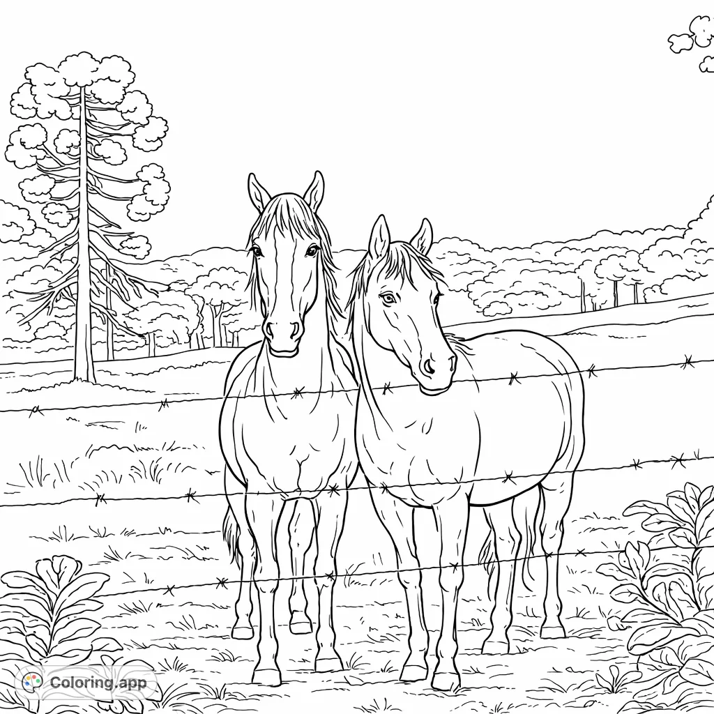 Two magnificent horses with unique facial markings stand behind a rustic fence in a tranquil field, inviting you to add vibrant hues to their detailed forms and peaceful rural setting.