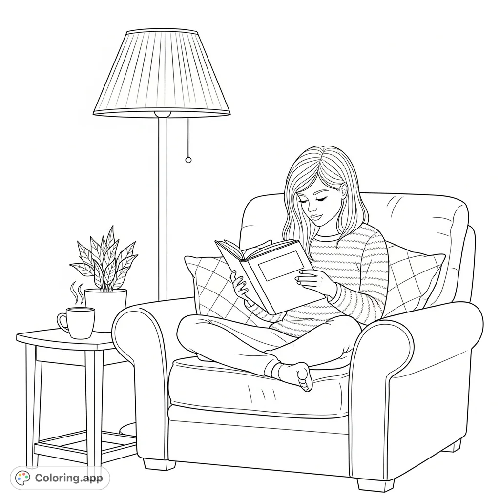Discover tranquility with this cozy reading nook coloring page. A girl lost in a book, illuminated by a lamp, offers a peaceful escape.
