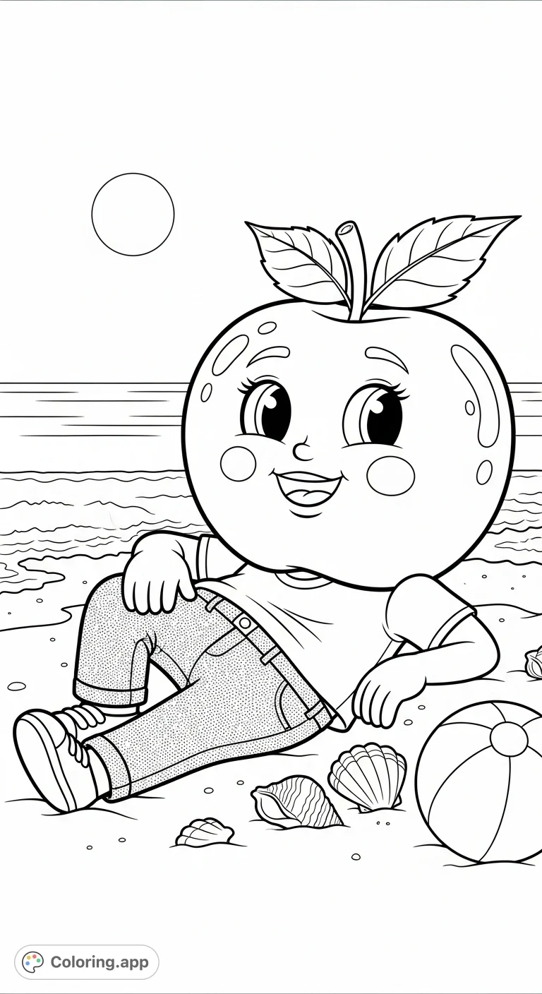A whimsical apple character enjoying a relaxing day at the beach, complete with a friendly face, stylish jeans, and a t-shirt, set against a sunny seaside backdrop. This free printable apple character coloring page offers fun for all ages!