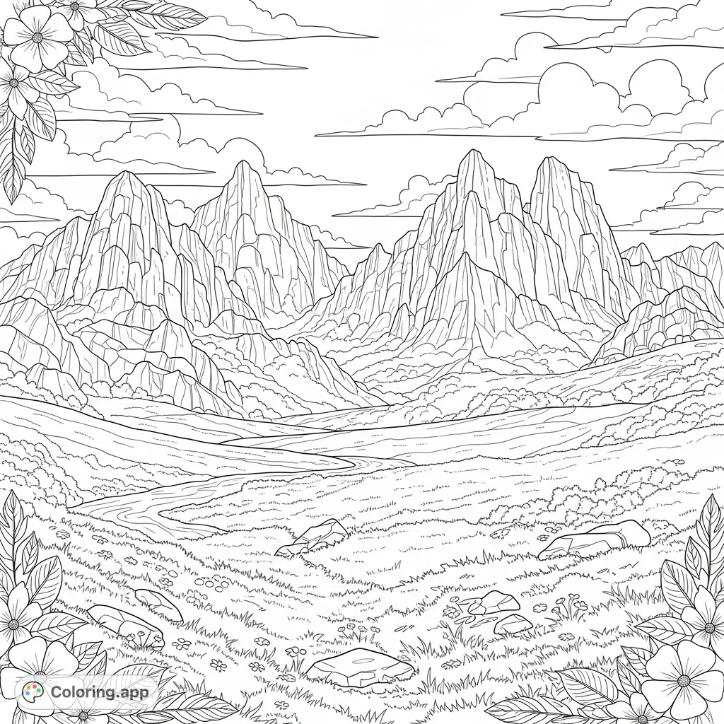 Explore a serene landscape coloring page featuring majestic mountains, a winding grassy plain, and scattered wildflowers under a vast sky. A peaceful nature scene awaits.