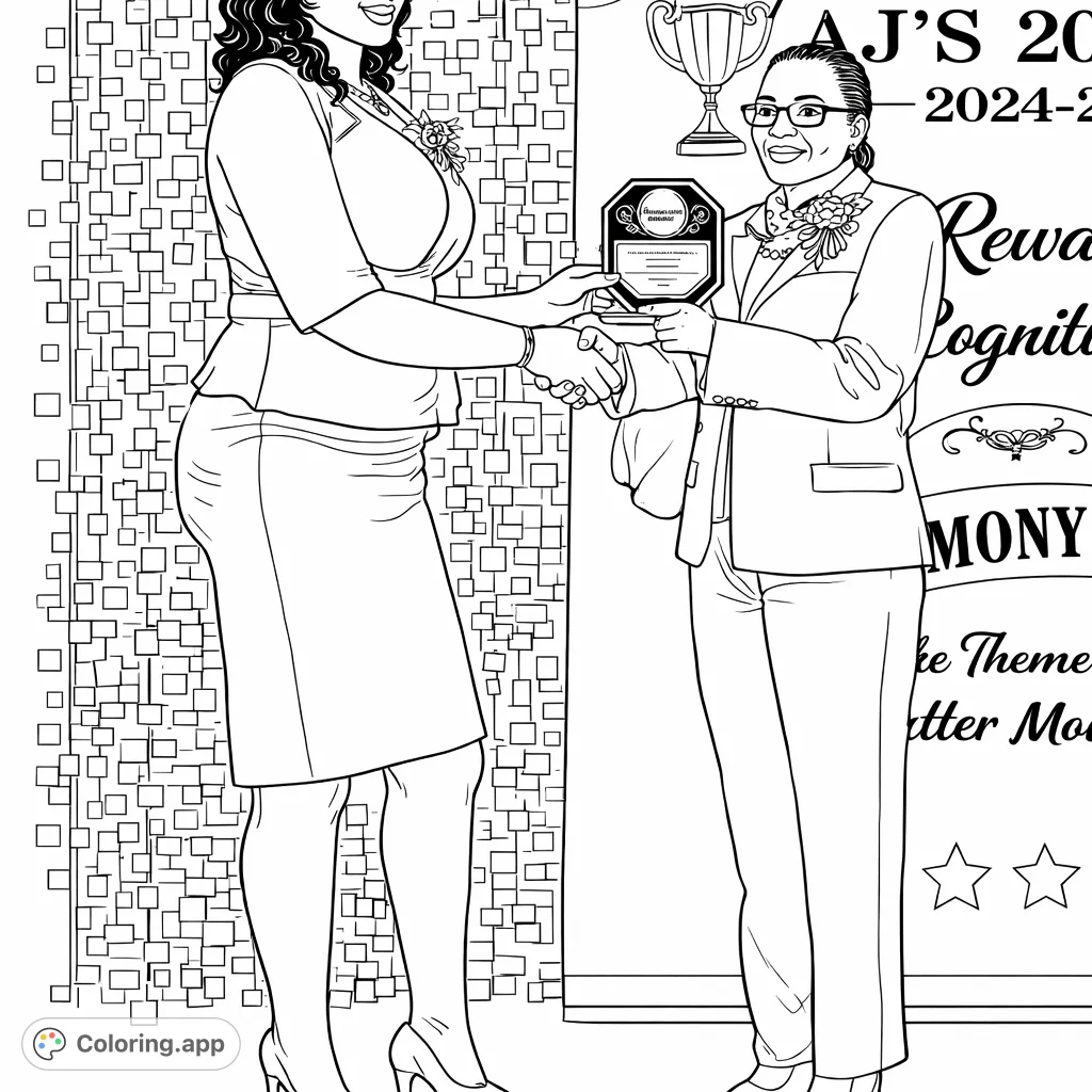 Two individuals shaking hands as one presents an award, set against a decorated backdrop. Celebrate achievement and connection with this recognition scene.