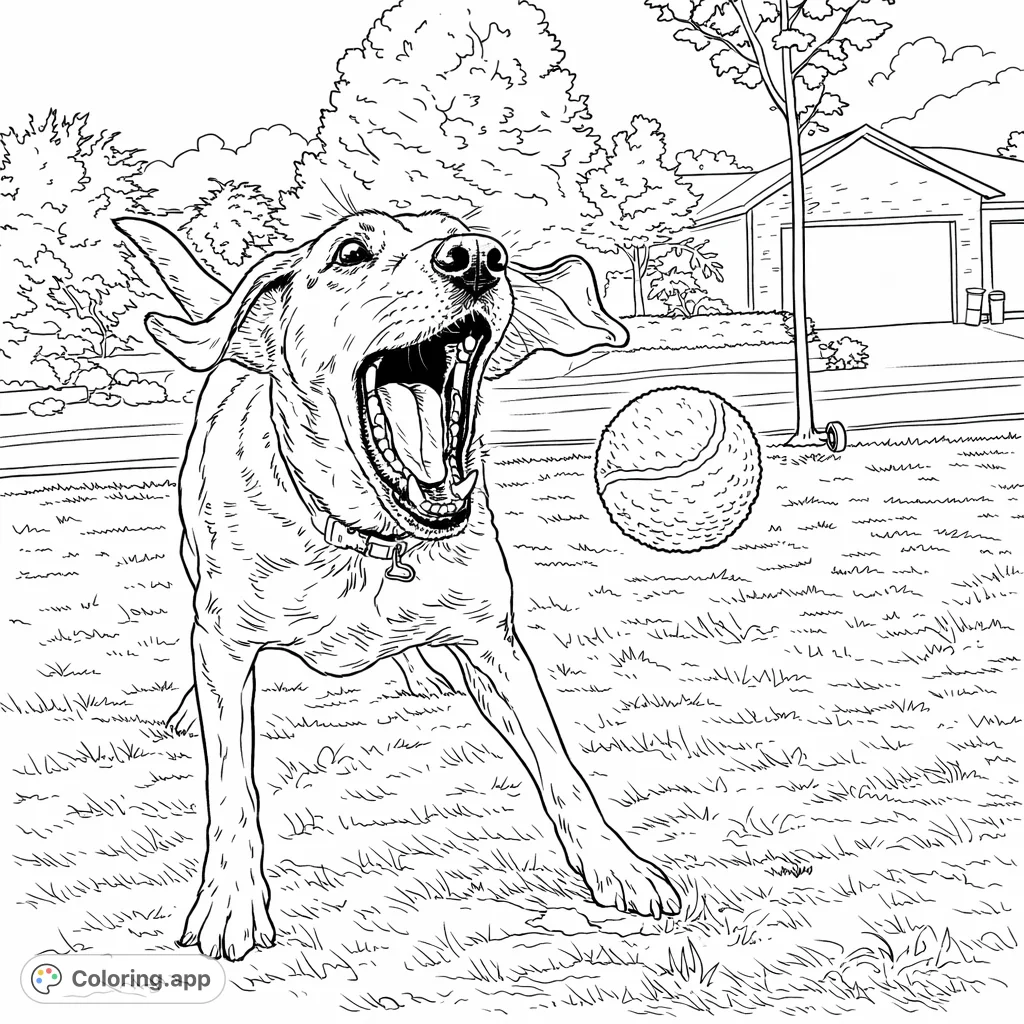 An energetic dog leaps on a grassy lawn, mouth wide open, intently focused on catching a tennis ball. A playful scene for dog lovers to color.