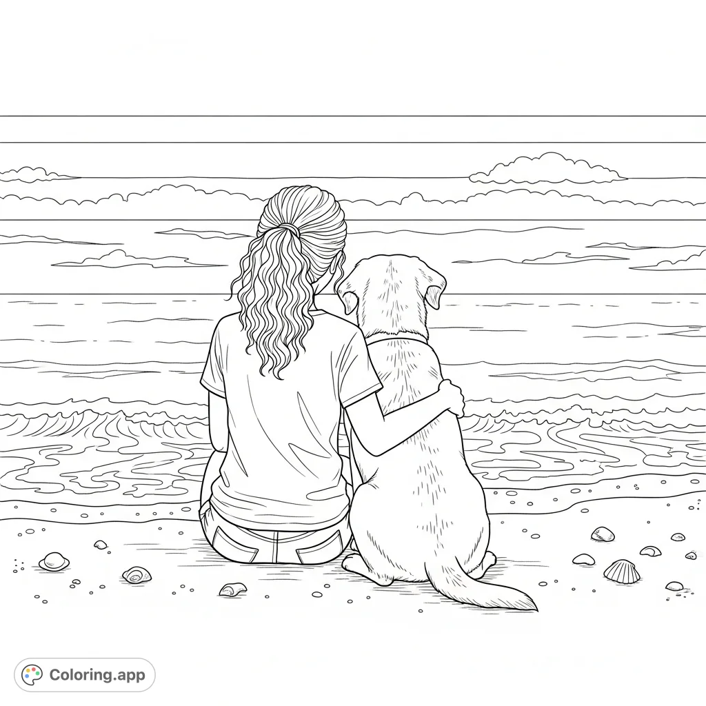 A heartwarming free printable beach coloring page featuring a girl with her labrador, seated by the ocean as atmospheric layers dominate the horizon, perfect for kids and adults.