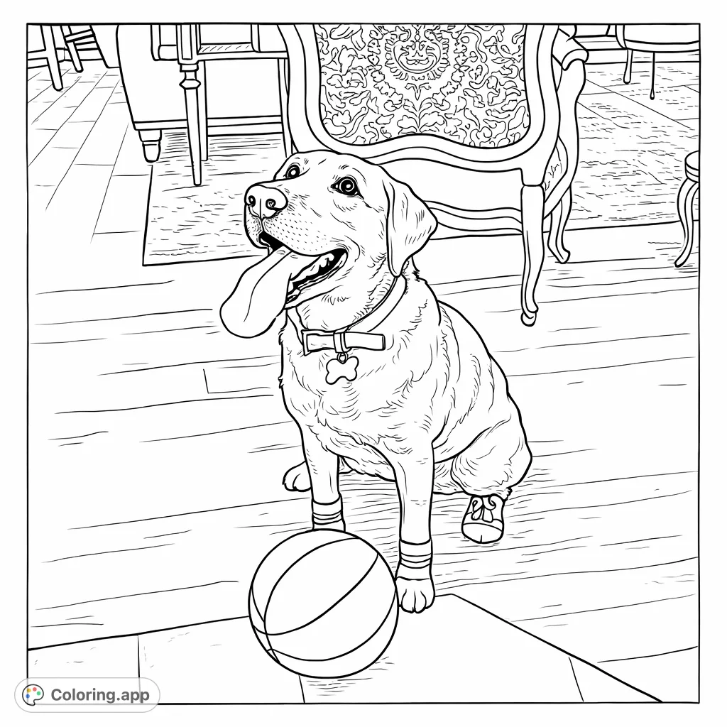 A charming Labrador in booties sits ready to play with a basketball. This free printable dog coloring page offers a delightful scene for all ages to enjoy.
