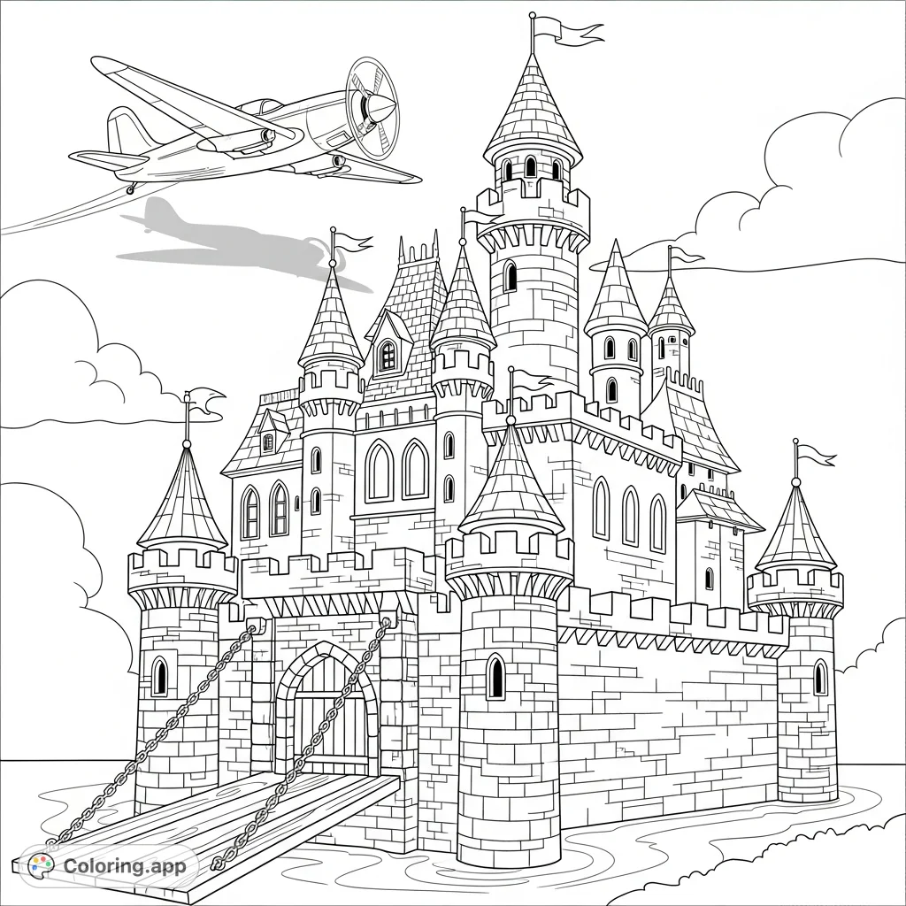 A magnificent castle with textured stone walls and soaring turrets, set against a sky where an airplane gracefully flies overhead. Perfect for imaginative artists!