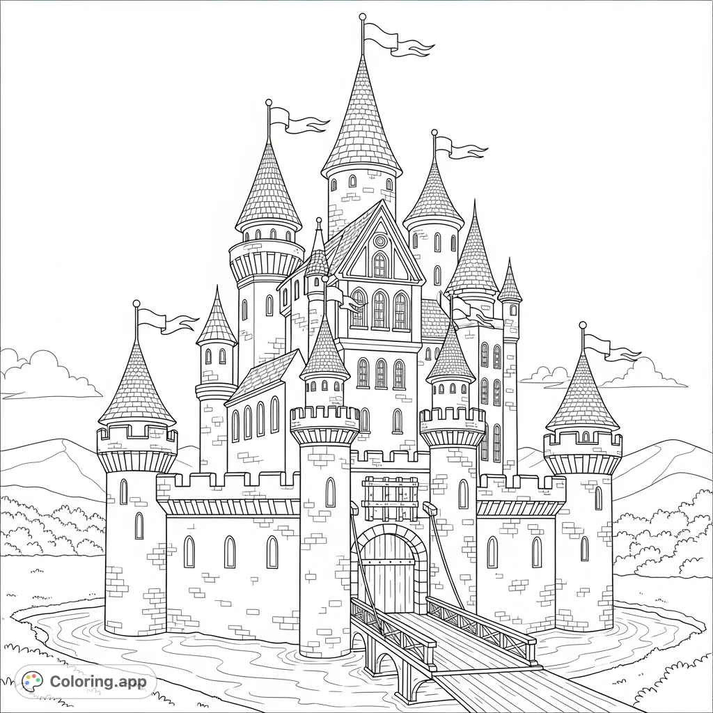 A magnificent castle coloring page with towering turrets, a detailed moat, and a drawbridge, inviting you to explore a royal stronghold.