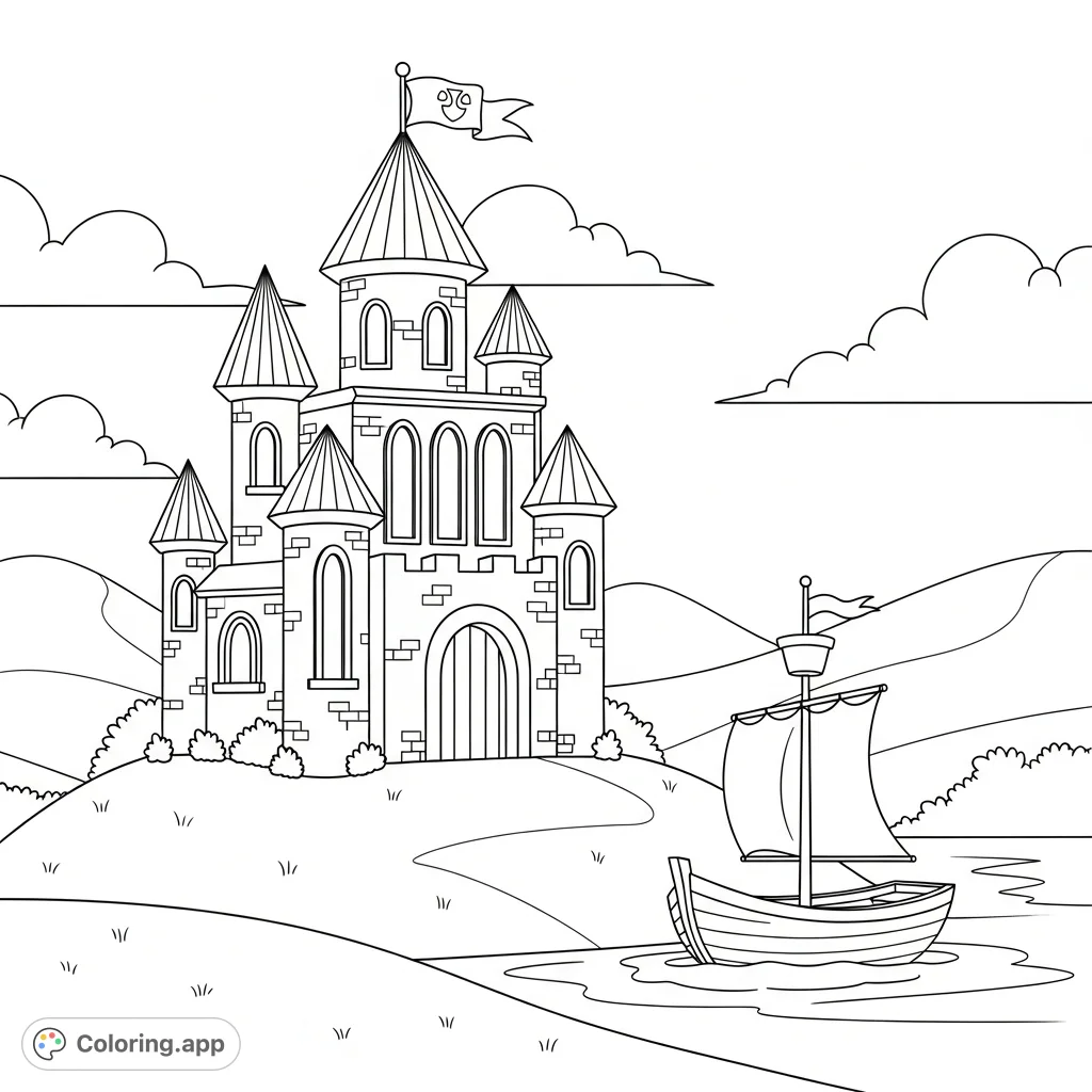 Discover a charming small castle with turrets and a flag, standing gracefully by a serene boat on calm waters. Perfect for imaginative coloring!