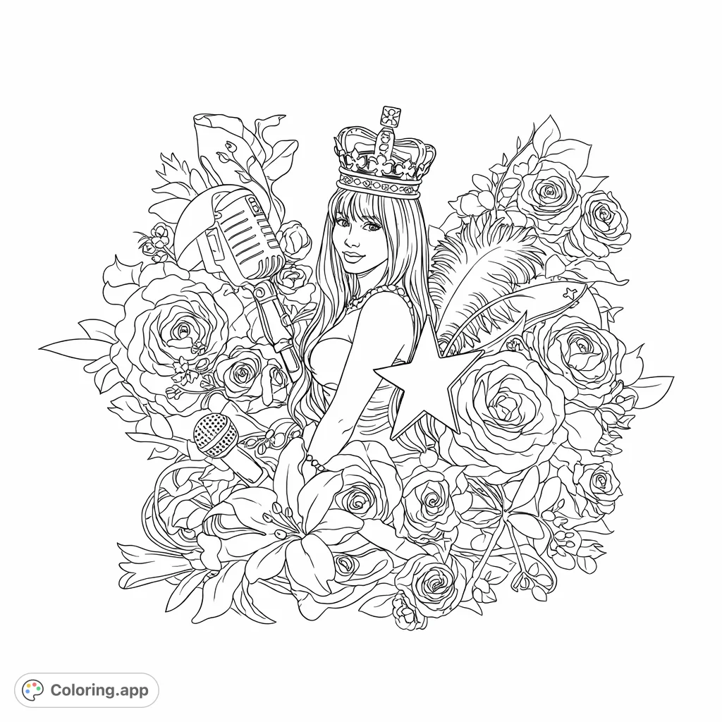 A glamorous woman in a crown, surrounded by an opulent display of roses, lilies, and fashion accessories. Perfect for adult coloring page enthusiasts.