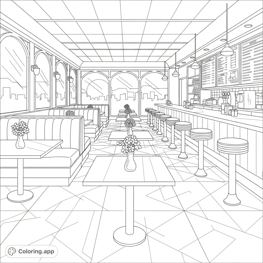 Step into a classic American diner, complete with checkerboard floors, cozy booths, and vibrant flowers, all bathed in the warm glow of a beautiful sunset.