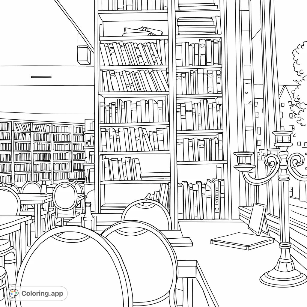 Immerse yourself in a cozy bookstore scene, featuring towering shelves packed with books, inviting tables and chairs, and a window view. A perfect page for quiet reflection.