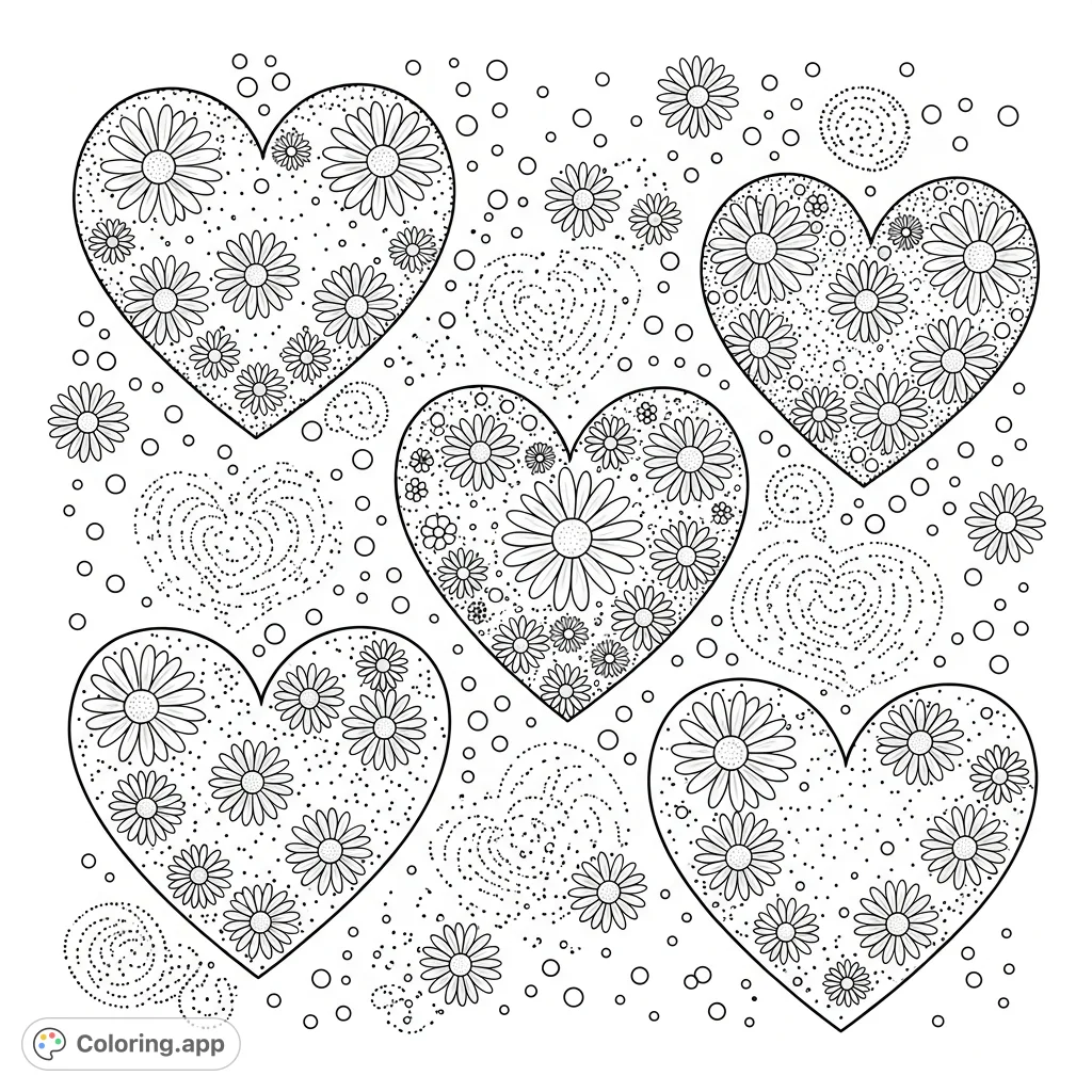 An abstract hearts coloring page filled with dotted patterns and delicate daisies, offering a whimsical and intricate design for creative expression.