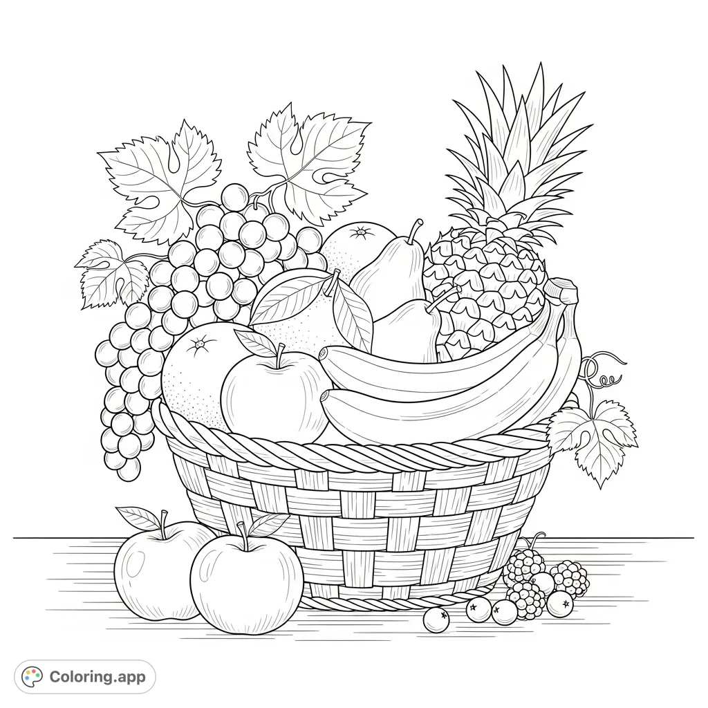 A delightful fruit basket coloring page overflowing with various fresh produce like apples, bananas, grapes, and oranges, perfect for a relaxing coloring session.