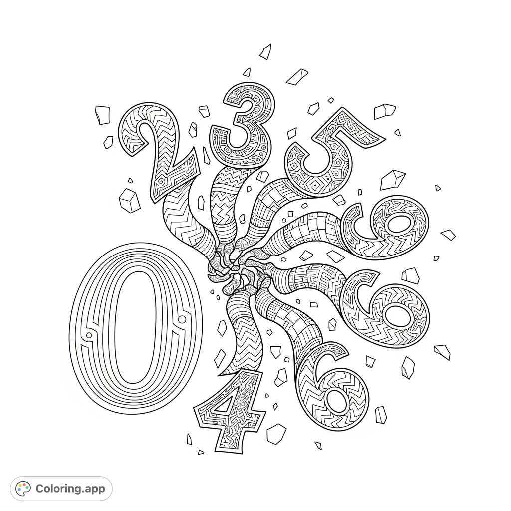 Explore a captivating abstract numbers coloring page with a central '0' and swirling, patterned numerals 1-9. Intricate details and abstract polygons fill this energetic design.