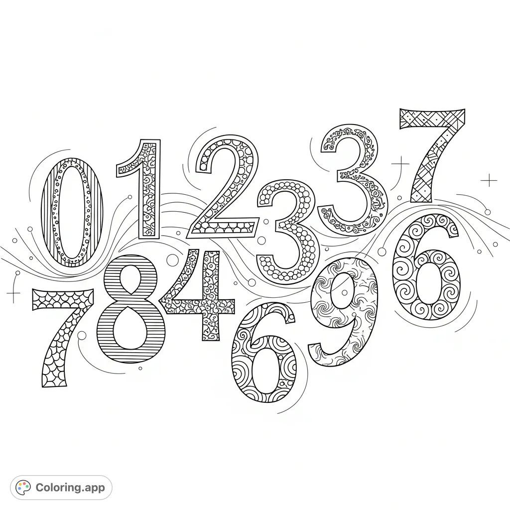 An intricate coloring page featuring stylized Arabic numerals 0-9, dynamically intertwined with unique internal patterns and a subtle geometric background. Perfect for detailed coloring!
