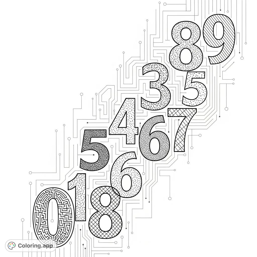 Explore this unique Arabic numerals coloring page featuring layered depth, intricate textures, and a circuit board background. A challenging and rewarding artistic journey awaits!